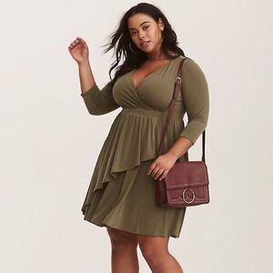 Torrid Olive Green Faux Wrap 3/4 Sleeve Dress Womens Plus Size 3 3X Ruffle Pleat